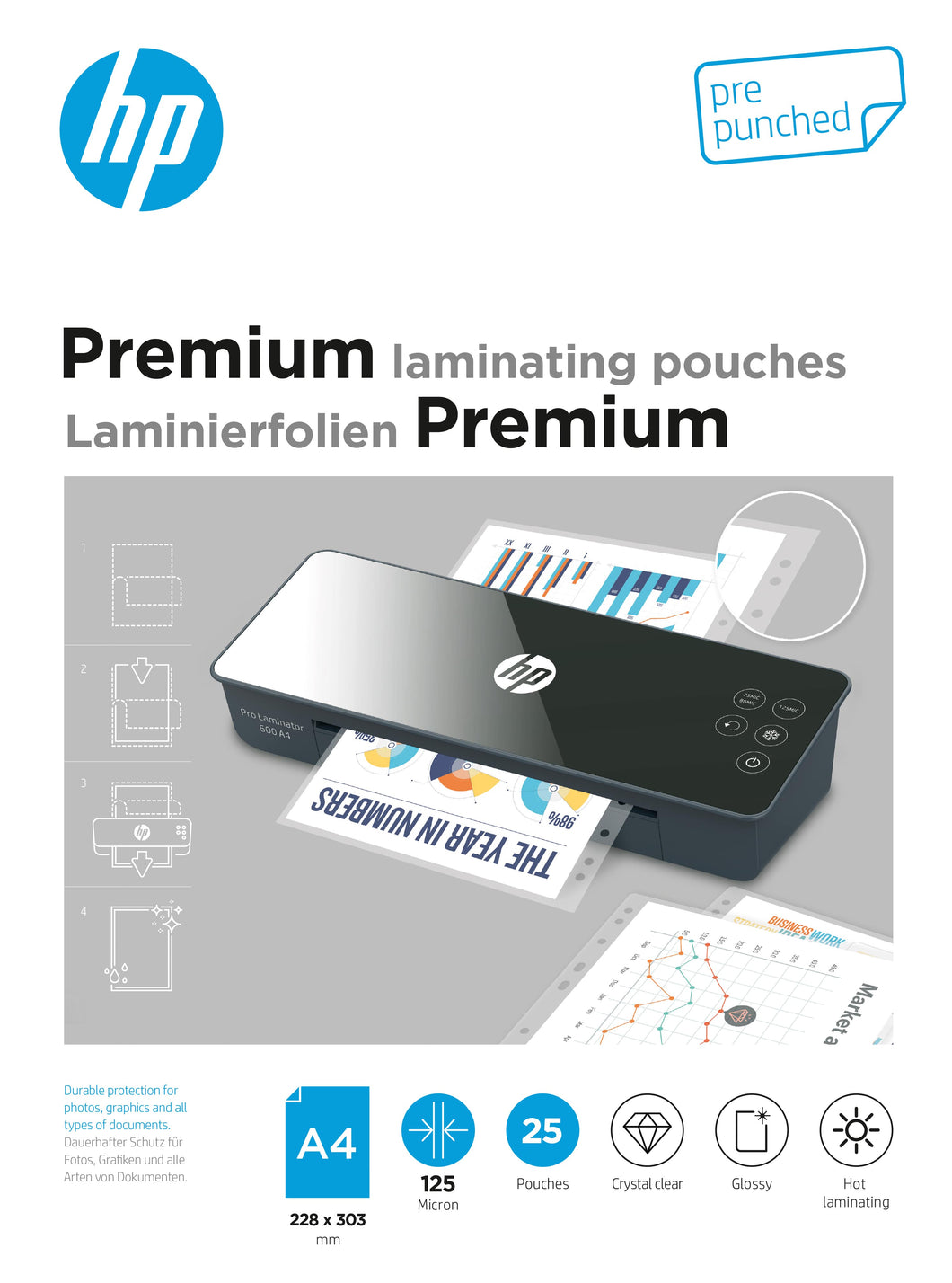 Premium laminating pouches, A4, 125 mic. perforated